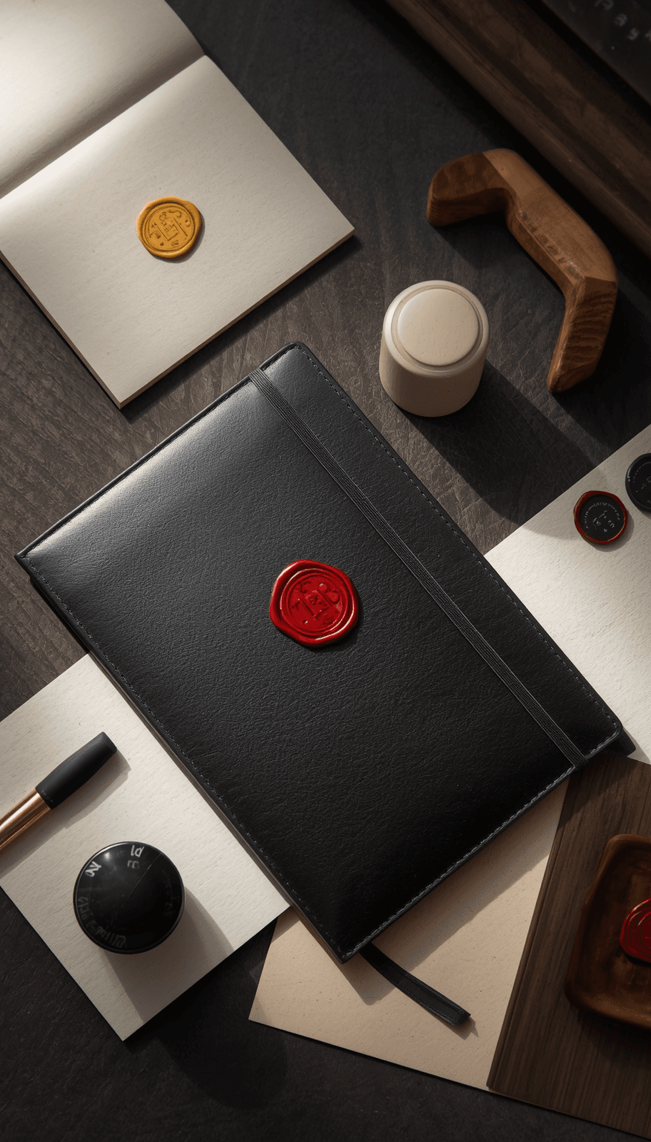 Dark wax seal and metal stamp arranged on a dramatic black surface.
