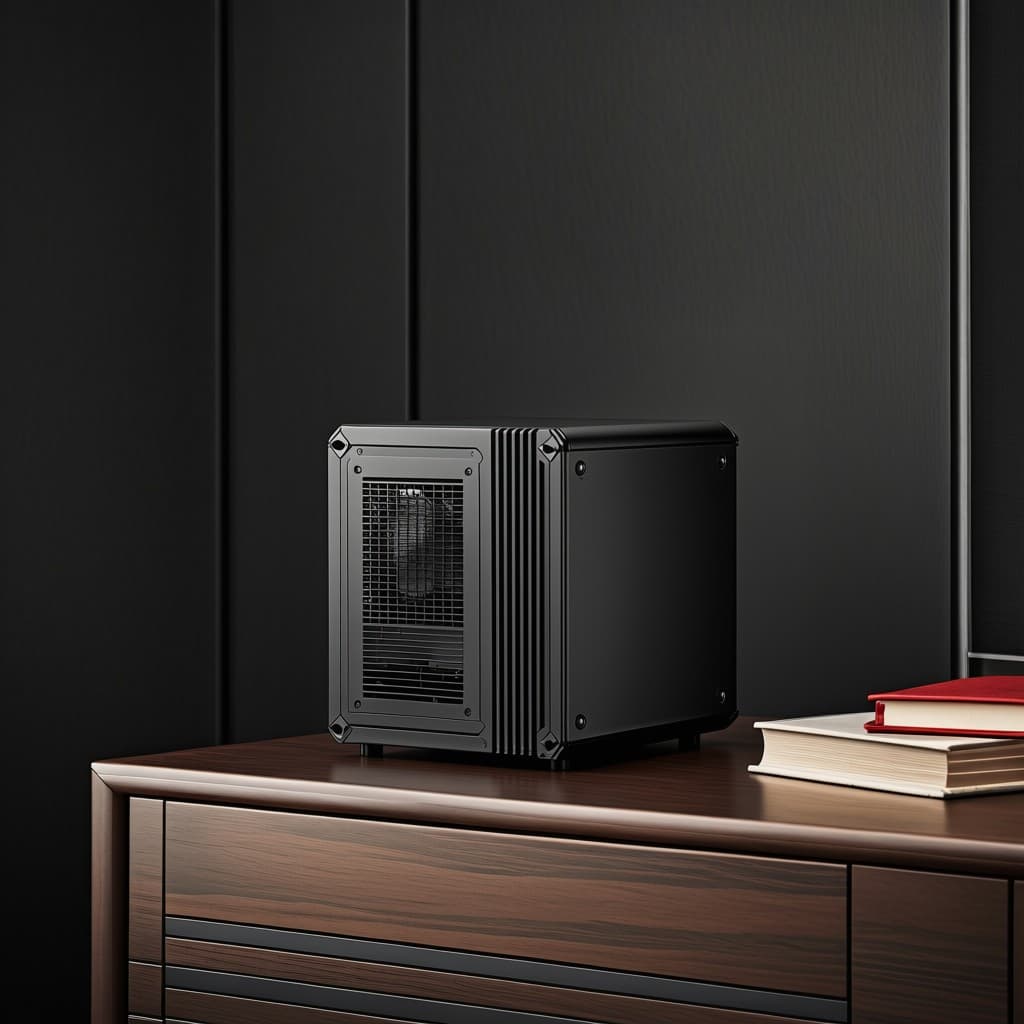 Matte-black private AI appliance on a walnut cabinet