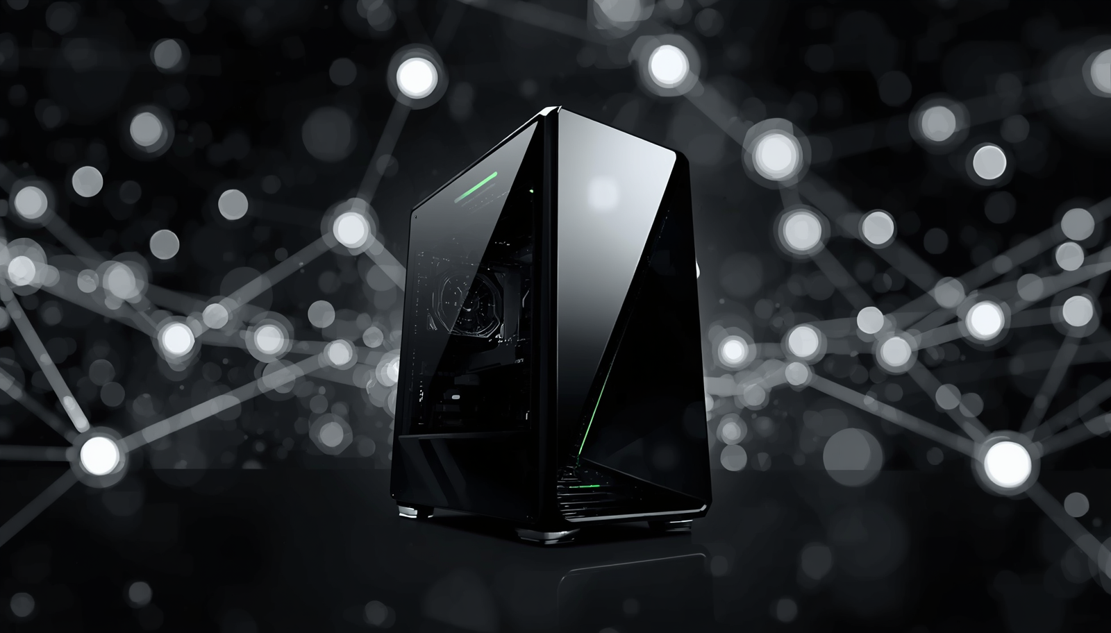 Futuristic black server tower with angular design against a bokeh network backdrop